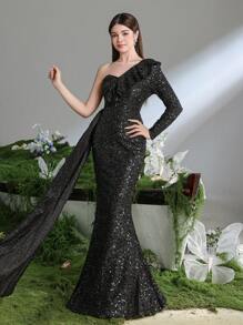 Teen Girl One Shoulder Sequin Side Draped Mermaid Party Dress