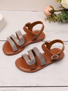 1 Paar Kleinkind Mädchen Große Größen Braune PU Leder Flache Sandalen, funkelnder Strass Dekor, verstellbarer Klettverschluss, offene Zehenpartie für den täglichen Lässig-Stil, Partys, Reisen, Frühling/Sommer
