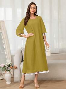 女士夏季休闲复古简约流苏袖长裙 - 黃色 - 查看 5