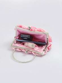 Satin Rose Flower Clutch Bag, Elegant Small Handbag For Formal Occasion, Bridal, Bridesmaid, Crossbody, Evening Dress - Pink - View 6