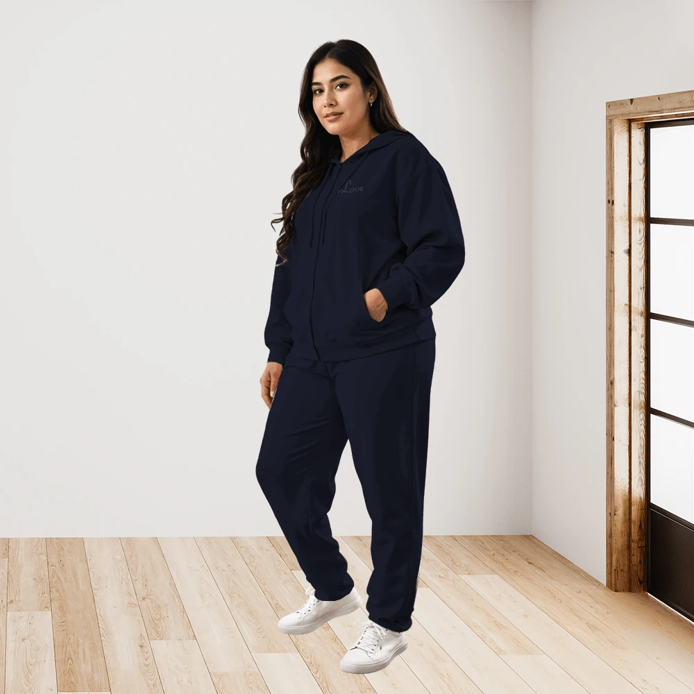 CONJUNTO TALLAS GRANDES PARA DAMA CON SUDADERA SEXY CON CAPUCHA Y PANTALON LX400 - Azul Marino - Ver 1