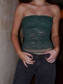 Women Lace Tube Top Without Bra  Y2k Floral Lace Sheer Mesh Strapless Bandeau Crop Tops Sexy Backless Sleeveless See Through Going Out Tops Off Shoulder Vests Shirts Vintage Aesthetic Clothes Streetwear - xanh quân đội - Xem 5