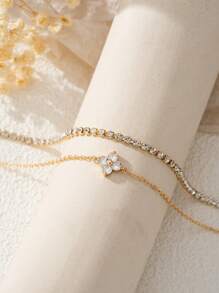 2pcs Cubic Zirconia Flower Beaded Bracelet With Crystal Chain Double Layer Bracelet Set, Suitable For Women Daily, Date, Party, Social Occasion