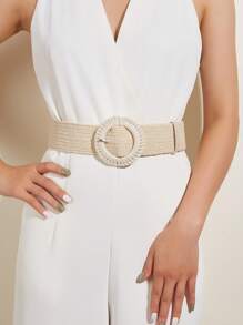 1pc Bohemian Style Wax Rope Handmade Button Elastic PP Grass Waist Belt, Versatile For Jeans Summer, School Fall, Autumn, Halloween - Beige - View 1