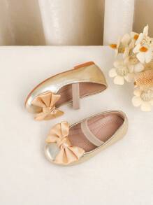 1 Pair Baby Solid Color Bow Design Shoes, Glitter Fabric With Elastic Strap, Soft Comfortable Soles, Suitable For Toddlers All Season - Gold - View 3