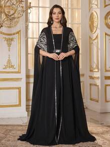 SUPGIR Strapless Sequins Embellished Dress, Convertible To Long Sleeve Gown, Elegant Evening Party Dress - Black - View 2