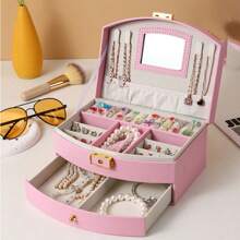 Boîte à bijoux en PU à 2 couches, boîte à bijoux portable minimaliste et haut de gamme pour les filles, avec miroir, pour les colliers, boucles d'oreilles, bagues, accessoires cheveux, bracelets de cheville, montres, festival des filles, Saint-Valentin, Noël cadeau - Boîte à bijoux 2 étages pour filles - Voir 3