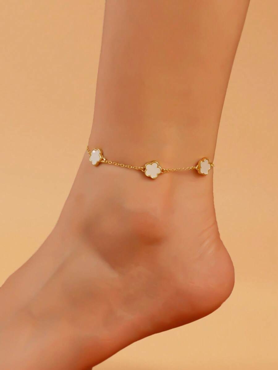 1pc Women's Fashionable Luxury Personalized Minimalistic Star & Flower Copper Anklet, Wedding, Graduation, Date Gift - White - View 1