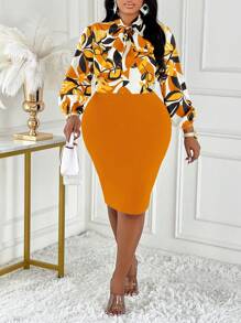 BIUBIU Plus Size Floral Print Mock Neck Blouse & Hip Hugging Skirt Two-Piece Set (Random Print) - Orange - View 6