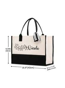 Personalised Floral Canvas Large Tote Bag With Name And Ribbon Birthday Christmas Travel Accessories Gift For Her - Beige - View 8