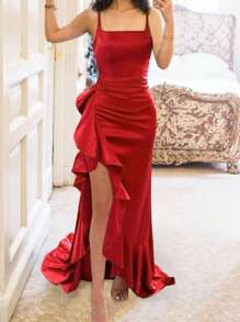 Christmas Celebrity Style Sexy & Elegant Spaghetti Strap Ruffle Trim Slit Dress For Women, YJ24331, Formal Evening Prom Dress, For Wedding Guest, Graduation, Dinner New Year Eve