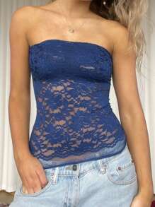 Women's Summer Sheer Lace Floral Off Shoulder Backless Slim Crop Tube Tops  Soft Top For Street  Party - 藍色 - 查看 2