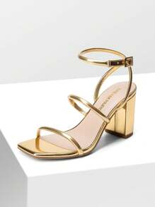 Women Chunky High Heeled Sandals Square Open Toe Rhinestone Decor Strappy Ankle Strap High Heeled Sandals For Wedding Party Valentine's Day - Gold - View 1