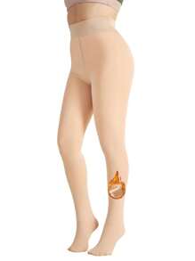 1 双女士保暖内衬不透明紧身裤 200D 保暖冬季连裤袜 带控制上衣 - 卡其色 - 查看 1