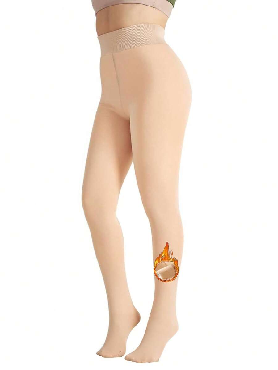 1 双女士保暖内衬不透明紧身裤 200D 保暖冬季连裤袜 带控制上衣 - 卡其色 - 查看 1