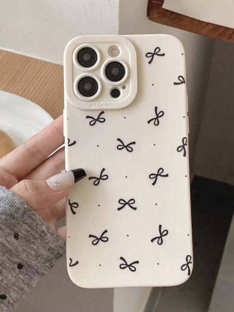 Apple And 手机壳 1 件黑色蝴蝶结图案手机壳兼容 iPhone 16 Pro Max、11/12/13/14 Plus、XR/7/8 Plus/15 Pro Max - 米色 - 查看 1