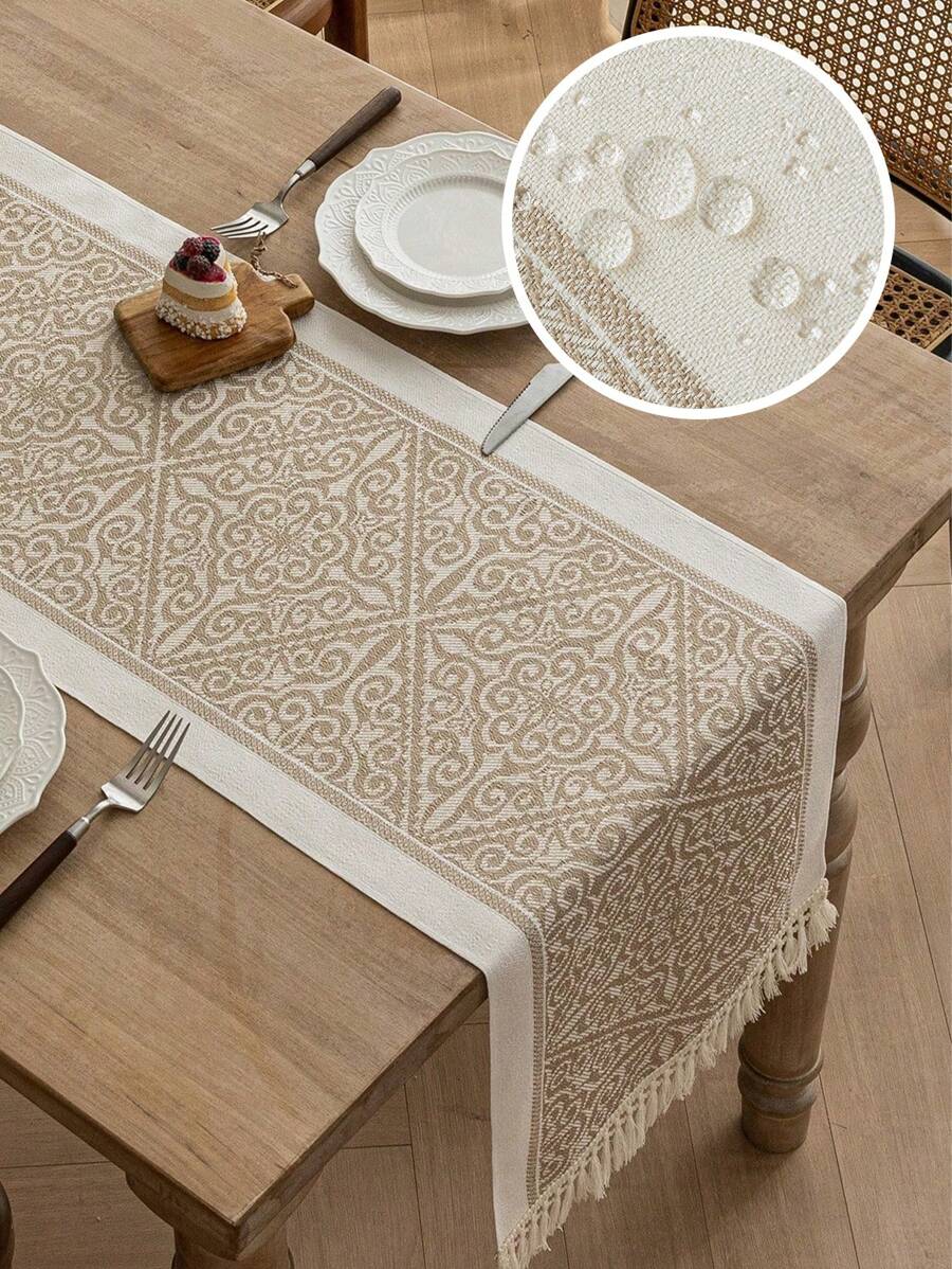 1pc Handwoven Tassel Decor Table Runner, Water-Repellent And Stain-Resistant, Modern Minimalist Style, Elevates Dining Table Artistry For Family Gatherings Or Holiday Celebrations - Brown - View 1