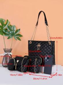 时尚黑色菱形包包套装！包括手提包和带链条的斜挎包，用途广泛，适合各种场合！ - 黑色 - 查看 4