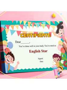 50张/150张A4英语证书，证书纸，英语表扬卡，卡通荣誉证书，学习用品，奖励贴纸，鼓励激励证书，英语证书，英语贴纸证书，返校学习用品装饰证书 - 彩色 - 查看 2