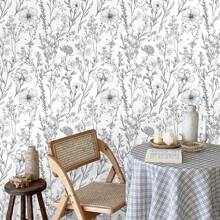 1 卷复古简约风格自粘墙纸 - 黑线花卉和植物图案，可移除乙烯基接触纸，防水，防潮，家居装饰贴纸适用于客厅、卧室、书房、餐厅墙壁、书架、橱柜、家具翻新、租客友好、多功能，尺寸 44*300/500/1000 厘米