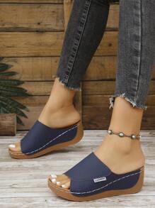 New Color Block Wedge Sandals, Open Toe Hollow Slip-On Mules, Casual Outdoor Slippers, Plus Size Summer Women Sandals, Hollow Designed, Suitable For Vacation And Daily Wear, Comfortable And Breathable, Fit For Indoor And Outdoor Activities. Fashion Wedge And Chunky Platform Women Sandals - Navy Blue - View 2