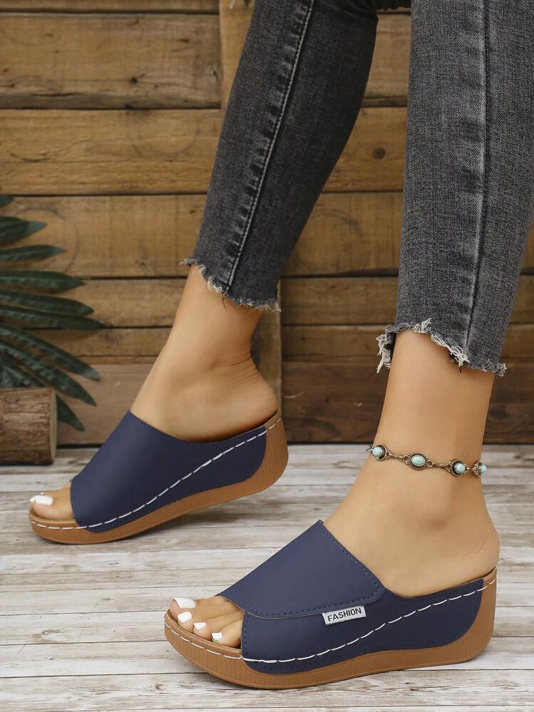 New Color Block Wedge Sandals, Open Toe Hollow Slip-On Mules, Casual Outdoor Slippers, Plus Size Summer Women Sandals, Hollow Designed, Suitable For Vacation And Daily Wear, Comfortable And Breathable, Fit For Indoor And Outdoor Activities. Fashion Wedge And Chunky Platform Women Sandals - Navy Blue - View 2