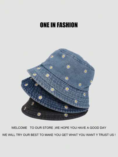 1 件装小菊花刺绣牛仔笑脸装饰帽檐渔夫帽，适合所有季节的女童休闲防晒帽