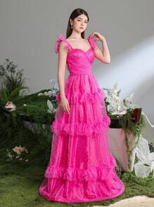 Teen Girl Polka Dot Mesh Ruffle Trimed Spaghetti Strap Extra Long Party Prom Dress - Màu Hồng Tươi - Xem 5