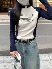 女式常规肩长袖 T 恤，修身拉链设计，休闲时尚，适合日常穿着