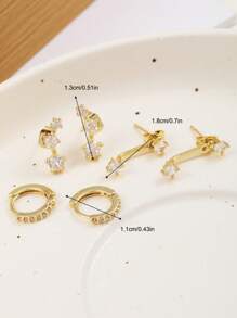 17KM 6pcs Simple Geometric Metal Earrings With Cubic Zirconia, Suitable For Women's Everyday Wear & Bridal Gift - Yellow Gold - View 6