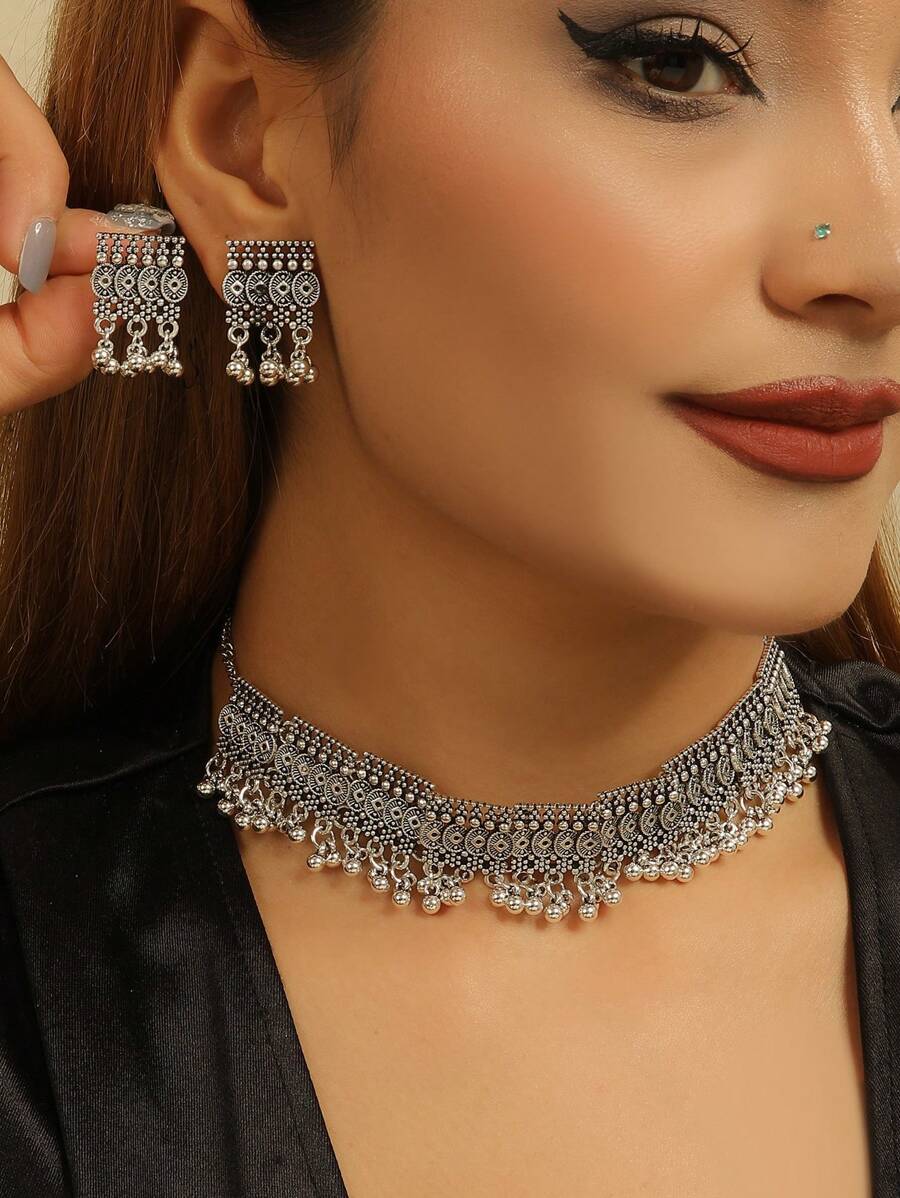 3pcs/Set Minimalist Jewelry Set Inspired By Bollywood Style, Pendant Necklace + Earrings, Suitable For Women To Wear Daily, Festival, Wedding & Party / Jewelry Gift - Multicolor - View 1