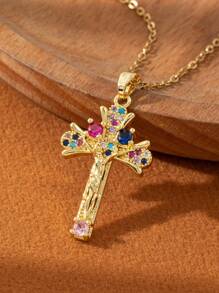 1件装百搭简约圣母玛利亚吊坠项链，女士个性化简约十字架首饰设计（彩色水钻随机） - 銀色 - 查看 3