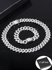 2pcs Set Silver Necklace + Bracelet Rhinestone Hip Hop Jewelry Gift, Suitable For Men And Women Daily Wear, Sports Accessories, Gift Box For Friends And Family - Silver - View 10