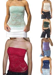 Women's Floral Lace See-Through Tube Top - Off-Shoulder Sleeveless Crop Top, Summer Streetwear Beachwear - xanh quân đội - Xem 3