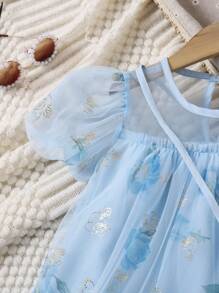 女童灯笼袖花卉网眼印花 A 字裙，可爱娃娃裙配斜挎包，夏季 - 藍色 - 查看 4