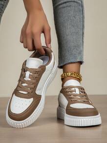 女士休闲运动鞋，系带软底平底舒适滑板鞋，轻便低帮日常鞋，秋冬季 - 白棕色 - 查看 5