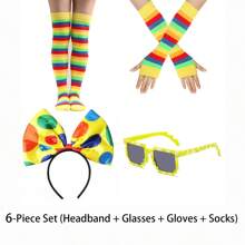 Set de 6 piezas de conjunto de disfraz de actuación, incluye diadema con arco, gafas, guantes y calcetines de arcoíris, disfraz de juego de roles, accesorios para actuaciones en el escenario, decoración de fiestas de bar/club EDM, props de fotografía, perfecto para fiestas, mascaradas, etc., un gran regalo para familiares y amigos en el baile de graduación