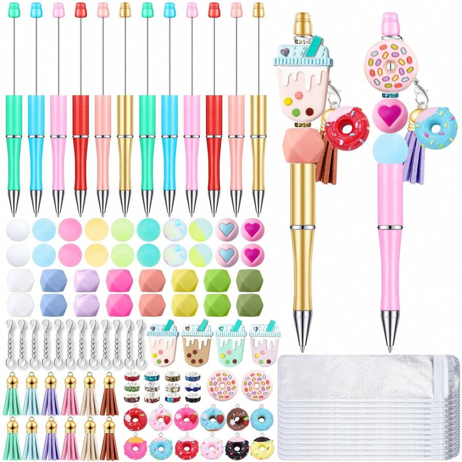 12sets Beadable Pens Bulk With Colorful Silicone Beads For DIY Pen Making Kit Smooth Writing Beaded Pen For Women Office School - Donuts - 查看 1