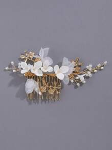 1 件金属花朵和叶子装饰手工白色和雪纺花朵发梳，适合春季婚礼、日常外出等场合 - 金色 - 查看 4