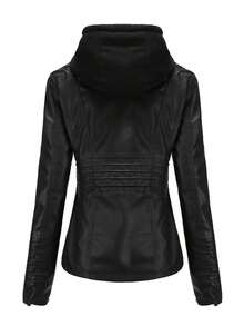 女式休闲连帽拉链皮夹克，带可拆卸兜帽，仿皮外套