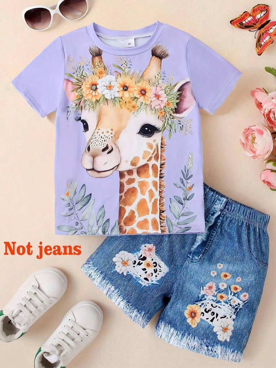 2pcs/Set Young Girl Casual 3D Deer Print Short Sleeve T-Shirt And Shorts Set, Summer
