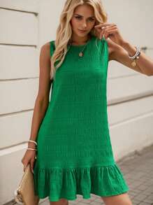 tooluck Elegante minivestido sin mangas de tejido texturizado, ropa urbana de moda para mujer - Verde - Ver 1