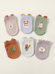 6 双装卡通可爱动物图案短袜，适合婴儿和儿童