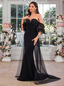UNITHORSE V-Neck Drop Shoulder Puff Sleeve Romantic Floral Decor Cinched Waist Dress, Black Wedding Gown,Bride - Black - View 5