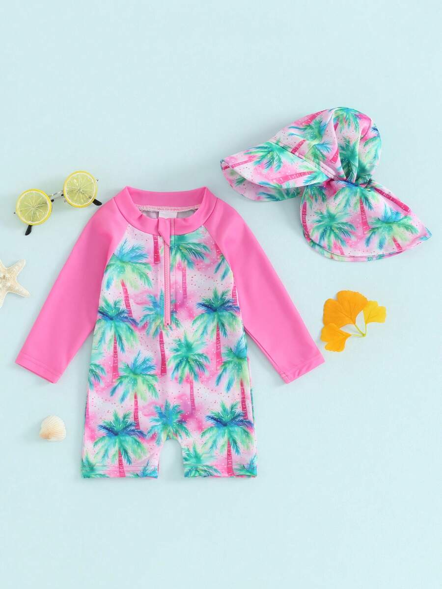 Toddler Girls Beach Swimwear Long Sleeve Floral/Tropical Tree Print Zip Up Bathing Suits With Hat - Green - View 1