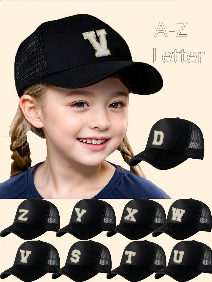 1pc Kids Letter A-Z Print Adjustable Baseball Cap, Sports Hat, Sun Hat, Suitable For Spring, Summer, Autumn - Black - View 1