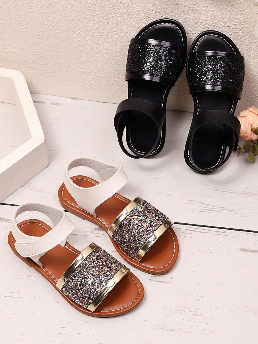 1 Pair Black Plus Size Girls' Flat Sandals, Solid Color PU Strap With ...