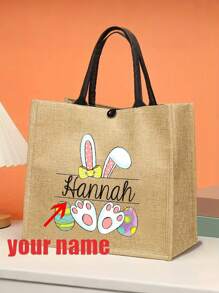 Customized Personalized Tote Bag With Easter Bunny And Name, Durable Gift Bag, For Easter Egg Hunt, Custom Easter Party Favor Bag - Khaki - View 1