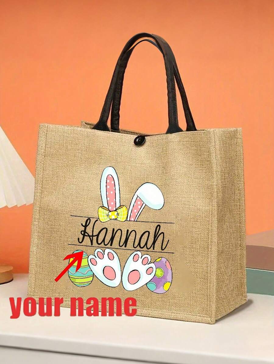 Customized Personalized Tote Bag With Easter Bunny And Name, Durable Gift Bag, For Easter Egg Hunt, Custom Easter Party Favor Bag - Khaki - View 1