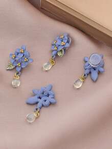 2pcs Simple Blue Floral Clip On Earrings, Minimalist Flower Non-Piercing Earrings - Blue - View 3